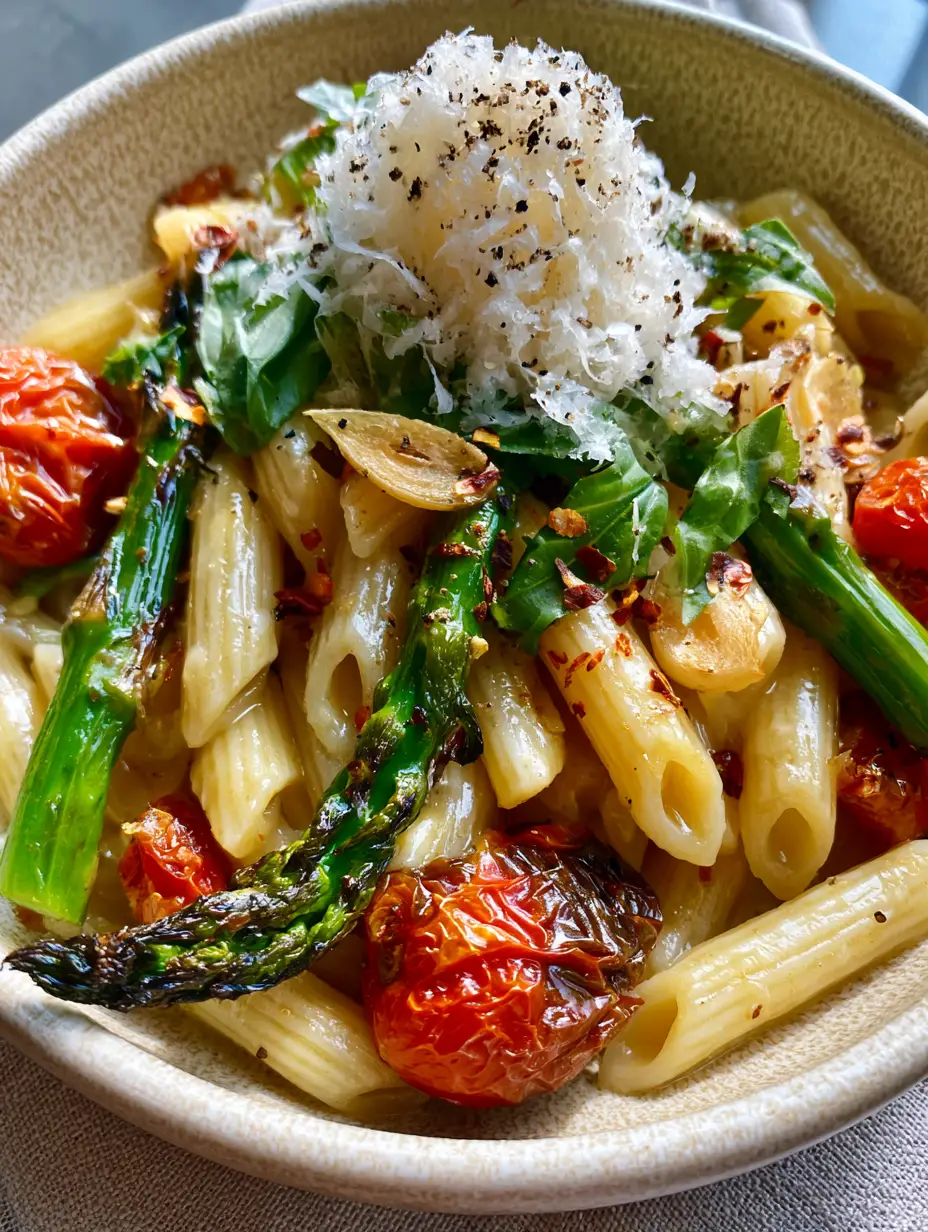 Close up of al dente penne in a translucent lemon-garlic sauce with blistered heirloom cherry tomatoes and charred asparagus tips.