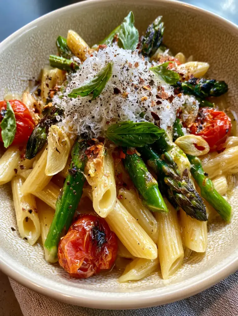 High-angle shot of Pasta Primavera topped with micro-planed parmesan, torn Thai basil, and red pepper flakes.