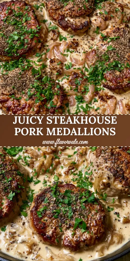 Pork Medallions with Onion Gravy: The Ultimate Skillet Supper 4 A close-up of seared pork medallions with onion gravy in a cast iron skillet, garnished with parsley and thyme. (pork medallions with onion gravy)