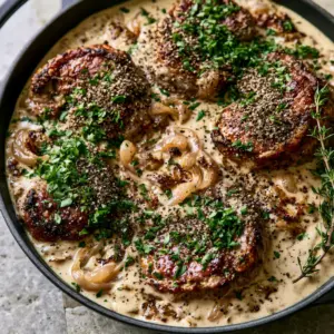 Top-down view of crusty pork medallions partially submerged in a creamy ivory onion sauce. (pork medallions with onion gravy)