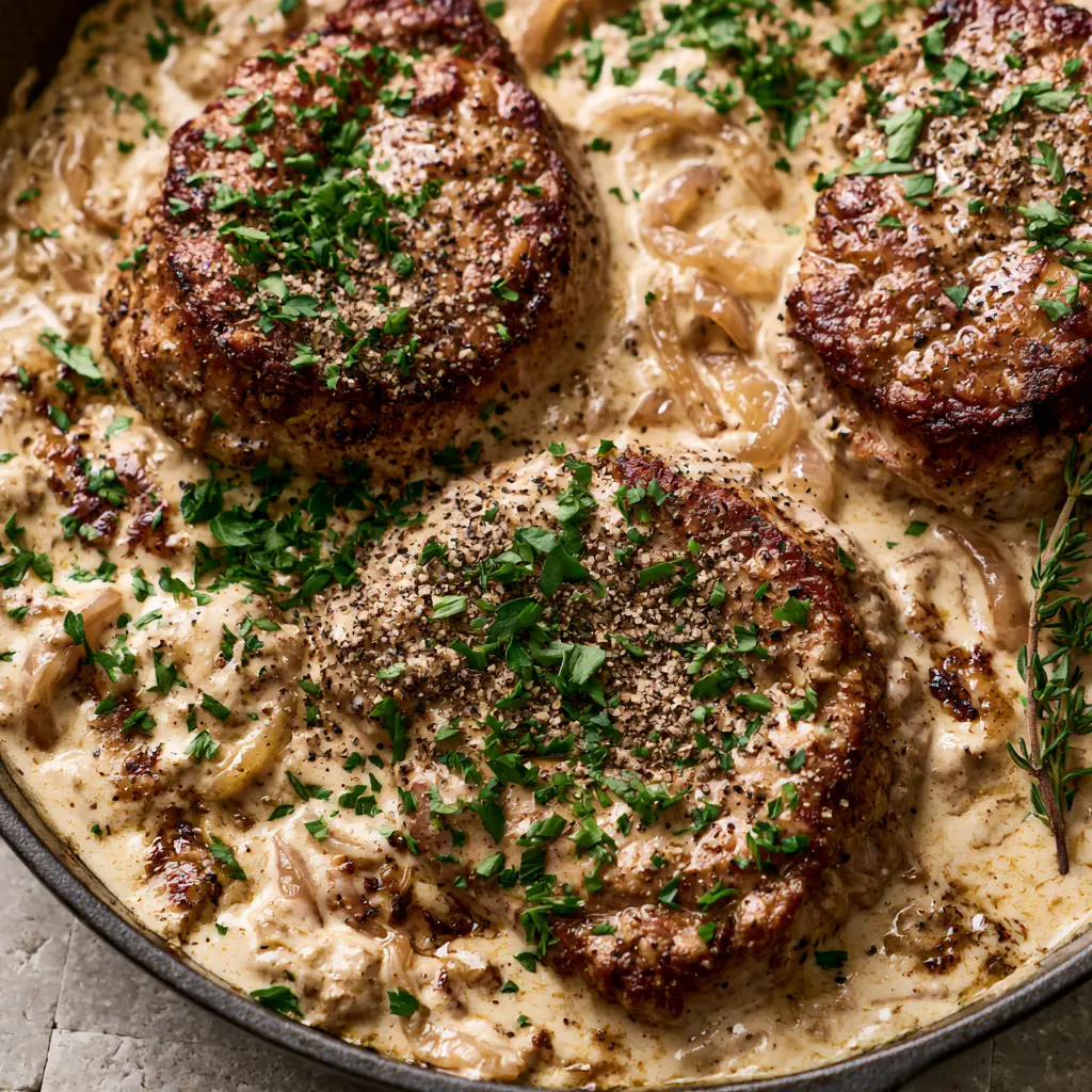 Pork Medallions with Onion Gravy: The Ultimate Skillet Supper 1 Close-up of translucent yellow onion slivers in a thick heavy cream reduction with browned pan bits.