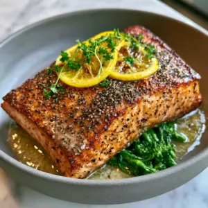 A succulent Lemon pepper salmon fillet with crispy golden edges and glistening garlic butter sauce.