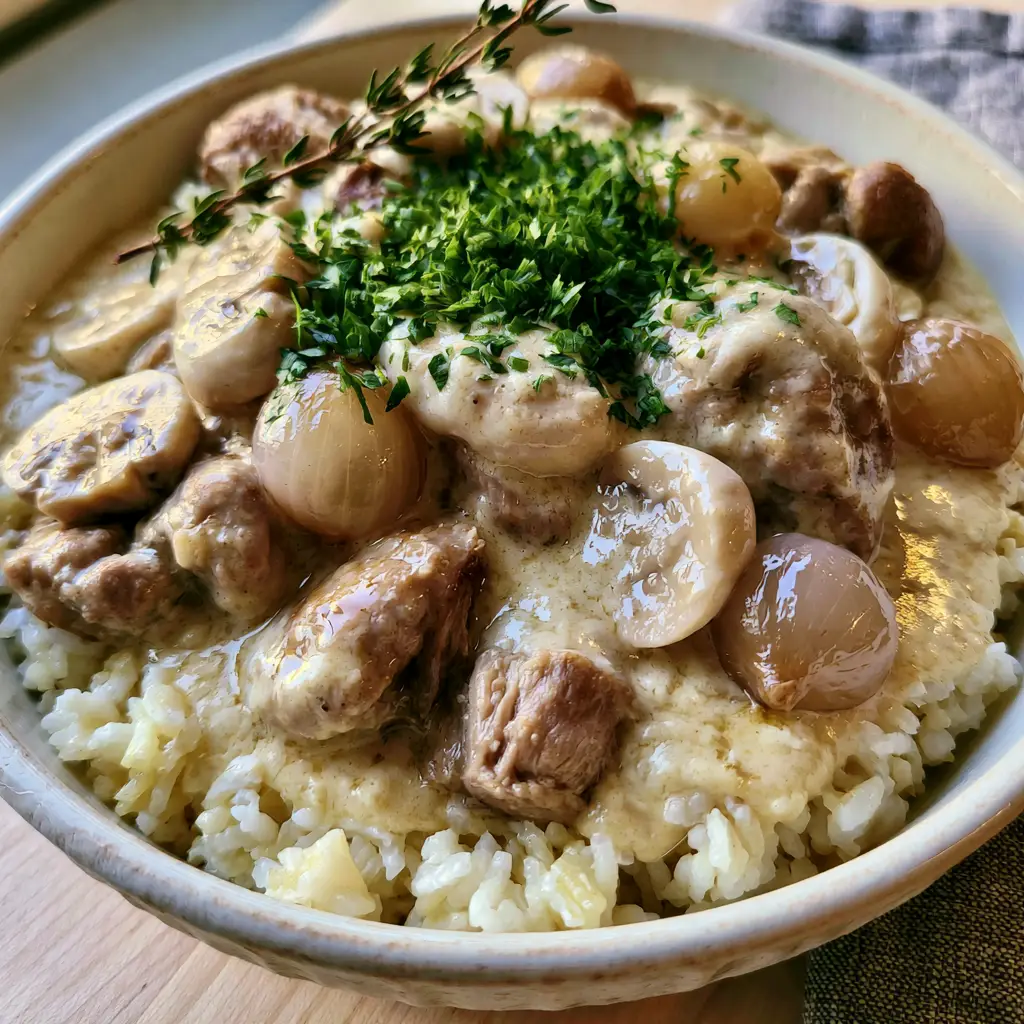 A rustic bowl of Blanquette de Porc on a grey linen tablecloth with fresh parsley garnish.