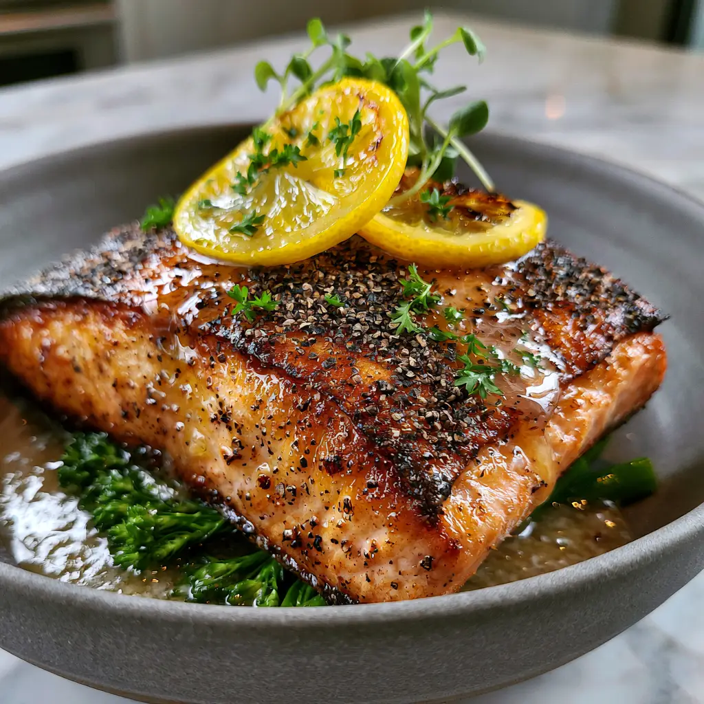 Lemon Pepper Salmon with Glistening Garlic Butter and Charred Lemons 1 Lemon pepper salmon served in a matte grey ceramic bowl with steamed broccolini and charred lemon slices.