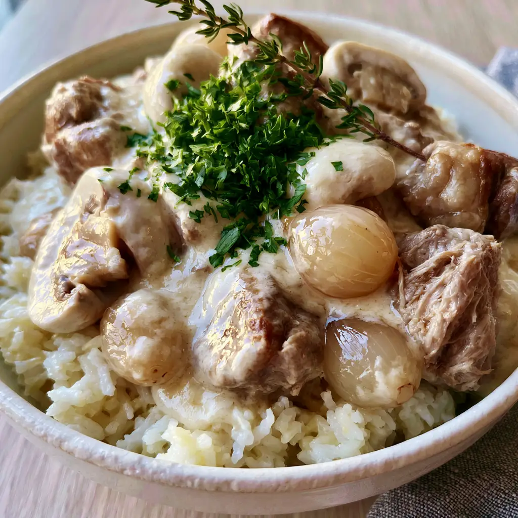 Blanquette de Porc: The Ultimate Creamy French Pork Stew Recipe 1 Close up of the glossy sauce reduction in a Blanquette de Porc with seared mushrooms.
