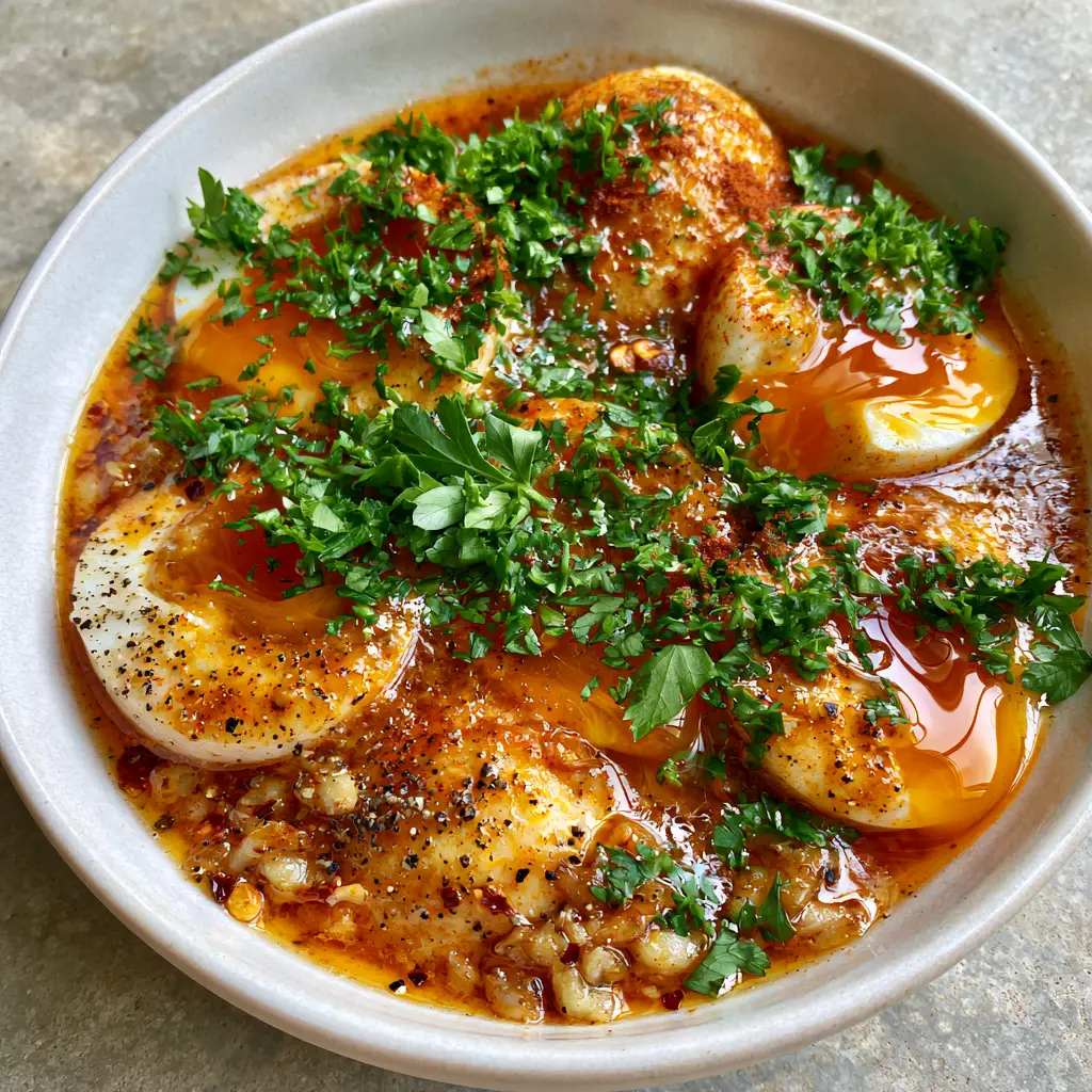 Handheld smartphone photo of halved soft-boiled eggs in a reddish-orange garlic butter sauce. (TikTok egg boil)