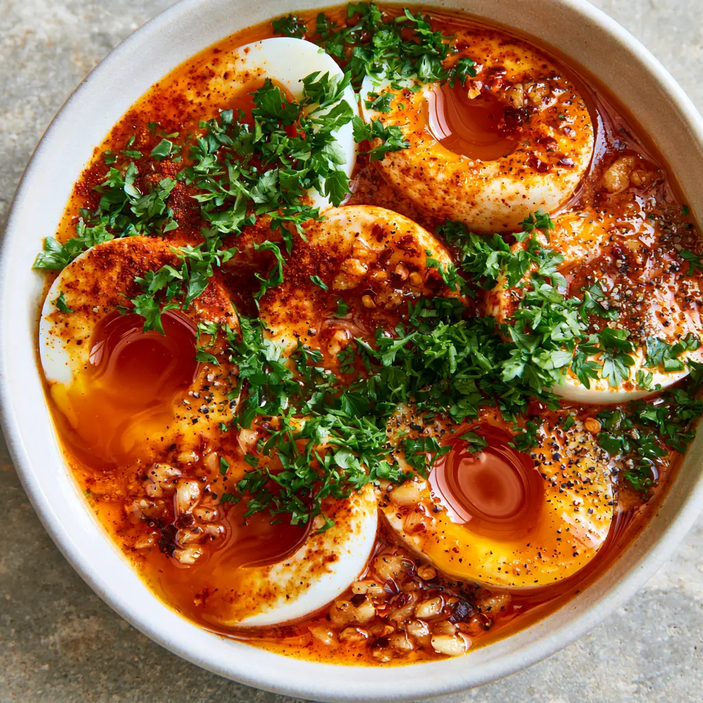 TikTok Egg Boil: The Ultimate Jammy Egg in Glossy Cajun Garlic Butter 1 Detailed shot of sautéed garlic and red pepper flakes in a glossy butter sauce over eggs. (TikTok egg boil)