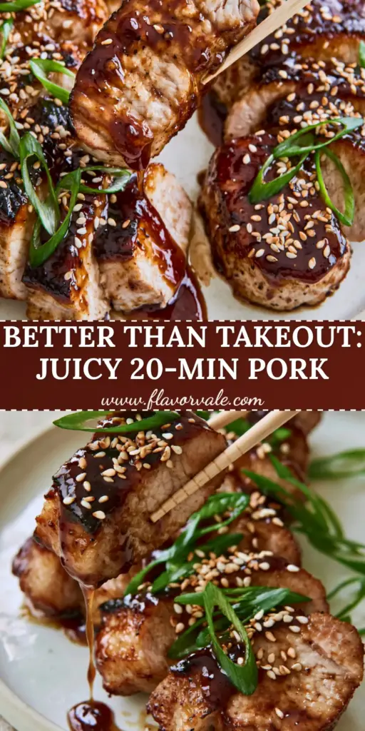 Chinese Pork Loin Recipes: Sticky Honey Garlic Medallions 3 A top-down view of glistening honey garlic pork medallions on white rice with sesame seeds and scallions. (Chinese Pork Loin Recipes)