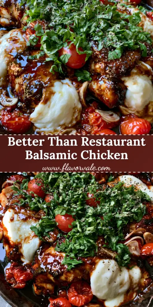 One Pan Balsamic Chicken with Melted Mozzarella and Blistered Tomatoes 4 A top-down view of One Pan Balsamic Chicken in a cast iron skillet with melted mozzarella, mahogany glaze, and blistered tomatoes.