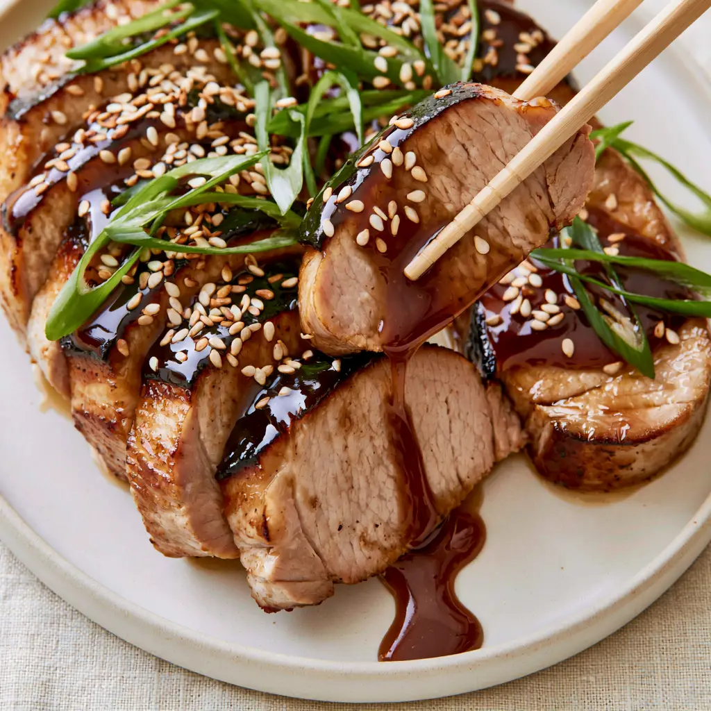 Extreme close-up of seared pork loin medallions with thick honey garlic glaze and sautéed garlic bits. (Chinese Pork Loin Recipes)