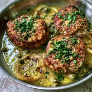Top-down view of three tender pork medallions in a glossy lemon-butter sauce with capers and fresh parsley. (Pork Piccata)