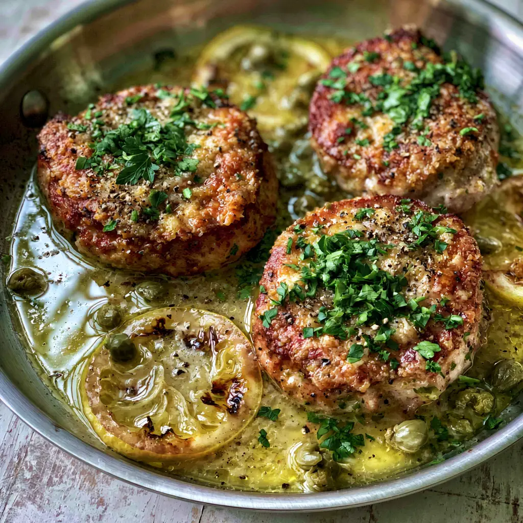 Top-down view of three tender pork medallions in a glossy lemon-butter sauce with capers and fresh parsley. (Pork Piccata)