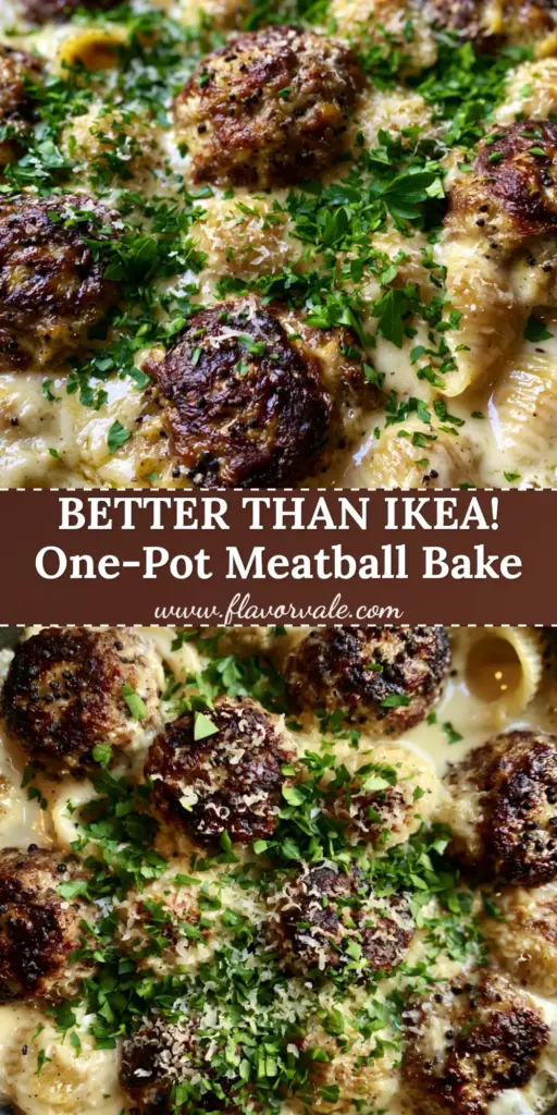Swedish Meatball Pasta Bake with Mahogany Seared Beef and Creamy Gravy 4 A high-angle photo of a Swedish Meatball Pasta Bake in a matte charcoal ceramic dish, featuring mahogany-seared meatballs and creamy ivory sauce.