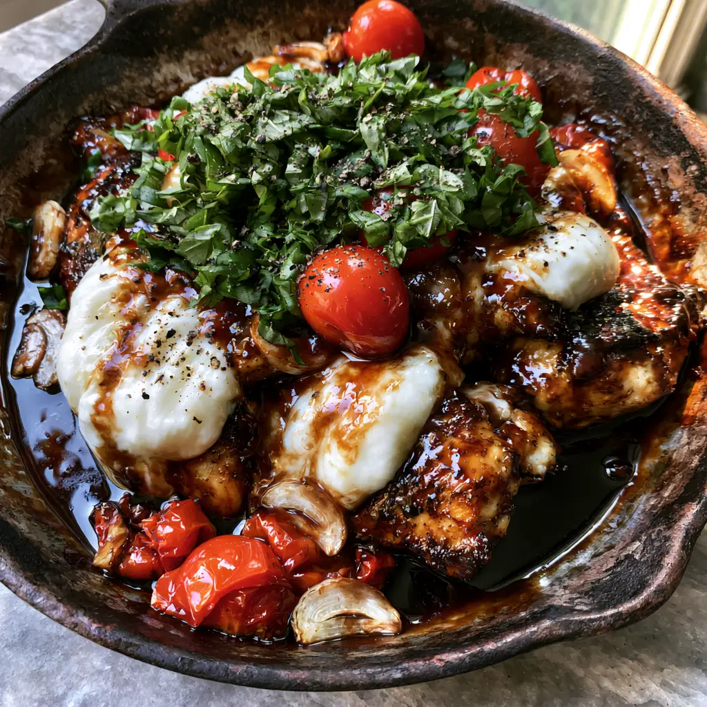 Close-up of seared chicken breast with a thick mahogany balsamic glaze and melted fresh mozzarella. (One Pan Balsamic Chicken)