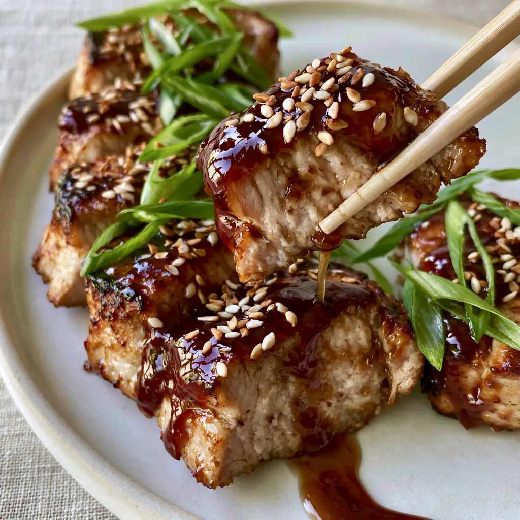 Chinese Pork Loin Recipes: Sticky Honey Garlic Medallions 1 Top-down photo of pork medallions being lifted by chopsticks with sticky sauce dripping back onto the plate. (Chinese Pork Loin Recipes)