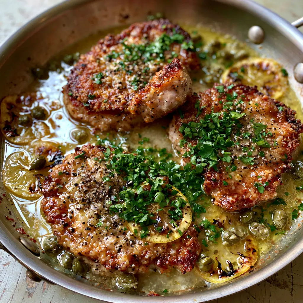 Angled close-up of crispy parmesan-crusted pork medallions featuring charred lemon slices and whole briny capers.