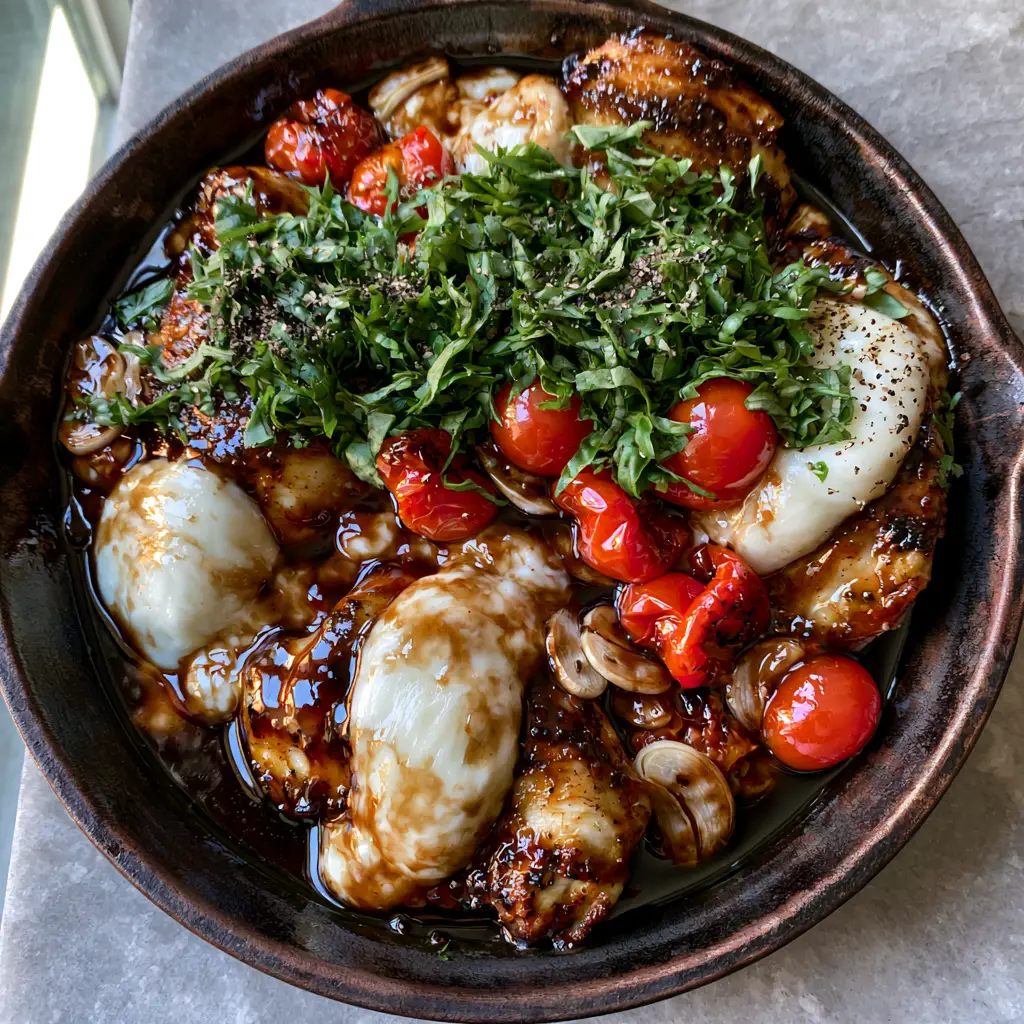 One Pan Balsamic Chicken with Melted Mozzarella and Blistered Tomatoes 1 High-angle photo of a rustic cast iron skillet filled with balsamic chicken, blistered tomatoes, and sliced garlic cloves.