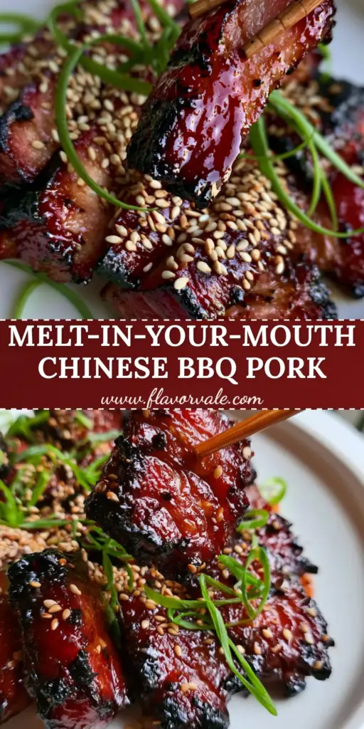 Chinese style pork with a Glistening Mahogany Honey Glaze 4 Slices of Chinese style pork with a deep mahogany honey glaze and toasted sesame seeds on a white plate.