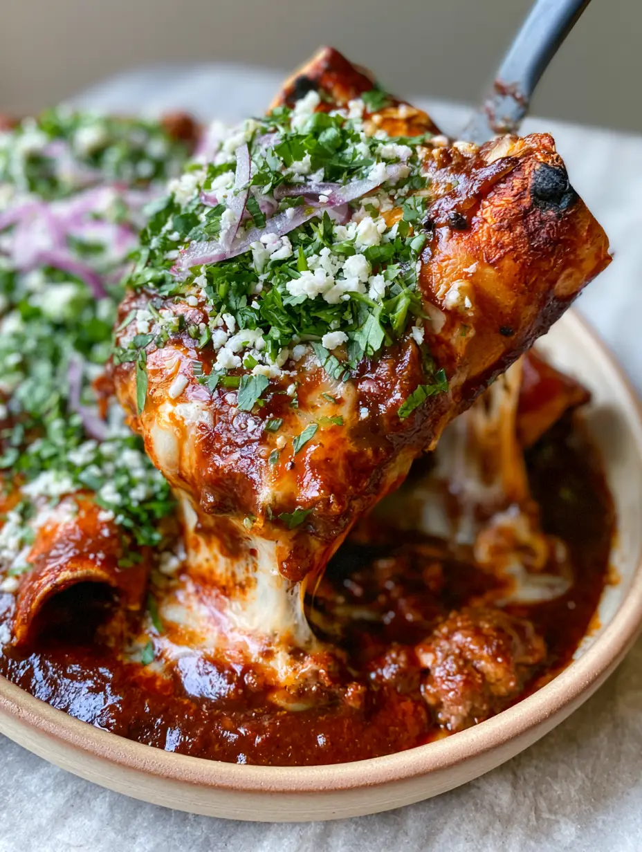 Ground Beef Enchiladas with Stretchy Monterey Jack and Toasted Flour Tortillas 3 Close-up of Ground Beef Enchiladas in a ceramic dish with glossy red sauce and toasted flour tortilla edges. (Ground Beef Enchiladas)