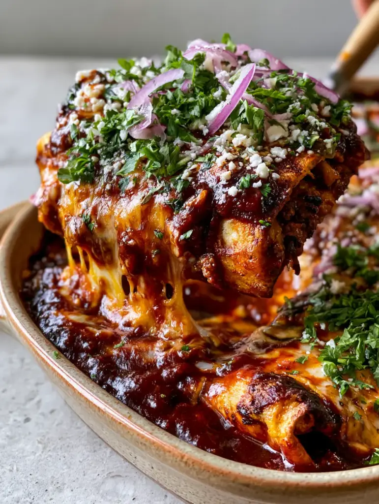 Ground Beef Enchiladas with Stretchy Monterey Jack and Toasted Flour Tortillas 1 Top-down view of Ground Beef Enchiladas garnished with red onions, cilantro, and cotija cheese.