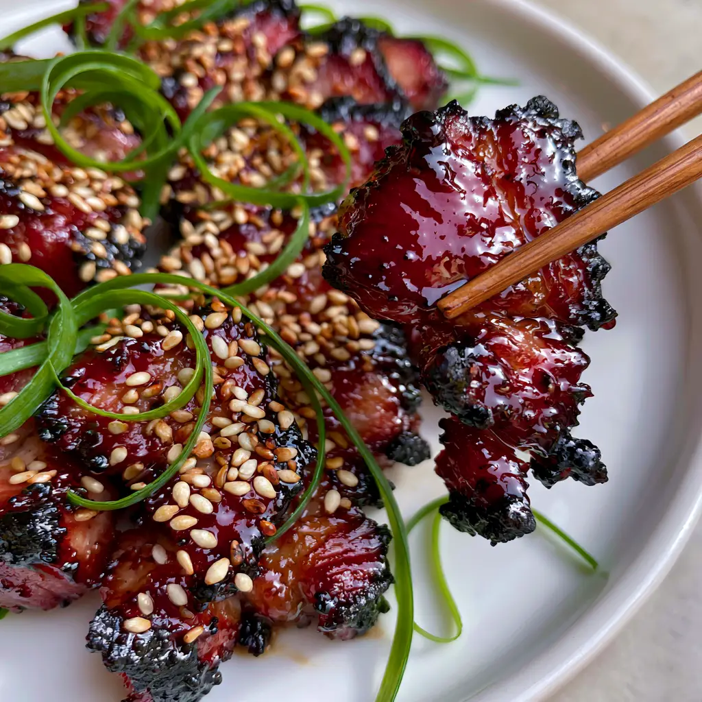 Chinese style pork with a Glistening Mahogany Honey Glaze 1 Close up of charred caramelized edges on Chinese style pork with curled green onion slivers.