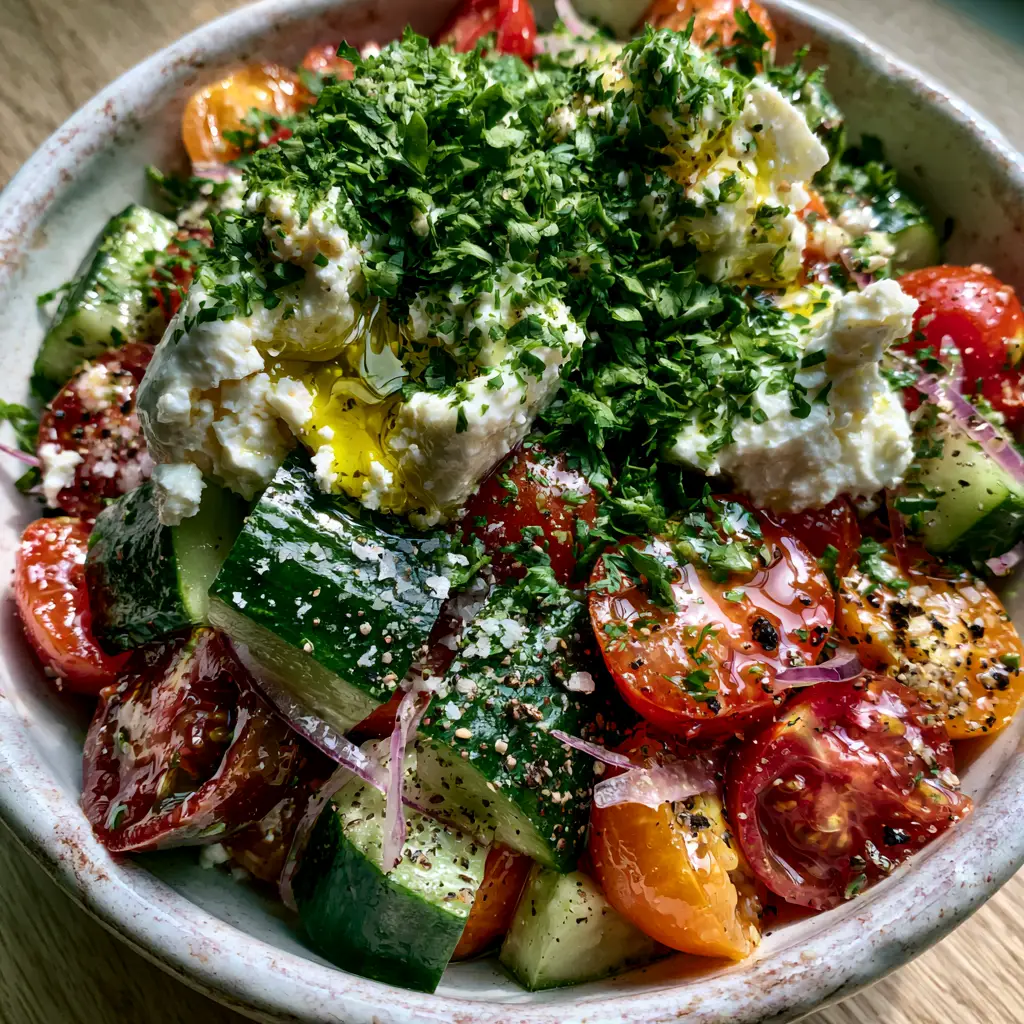 Cucumber Onion Tomato Salad with Creamy Feta and Fresh Parsley 1 A handheld smartphone photo of Cucumber Onion Tomato Salad on a light wood background with natural window lighting.