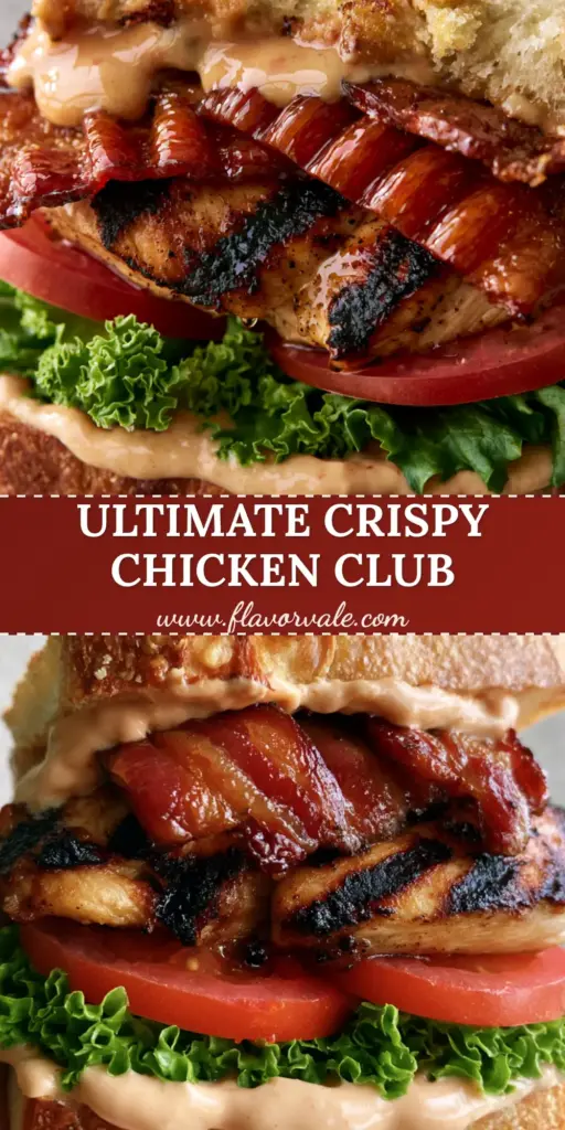 A towering chicken club sandwich on toasted sourdough with charred chicken, crispy bacon, and messy house sauce drizzle.