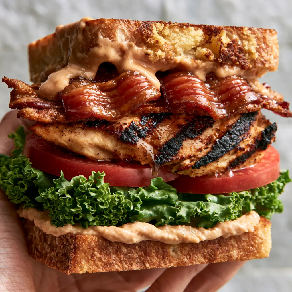 Macro close-up of a chicken club sandwich showing charred grill marks on chicken and rippled glossy bacon.