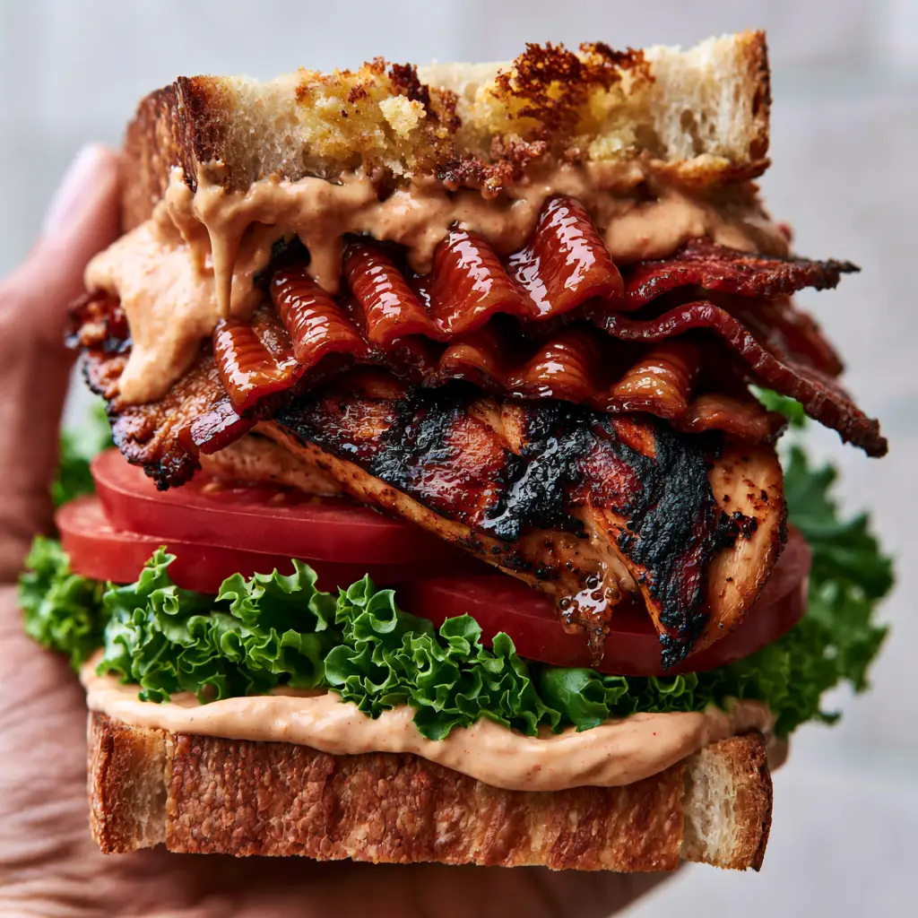 Side view of a chicken club sandwich with apricot-colored sauce spilling over toasted sourdough bread.