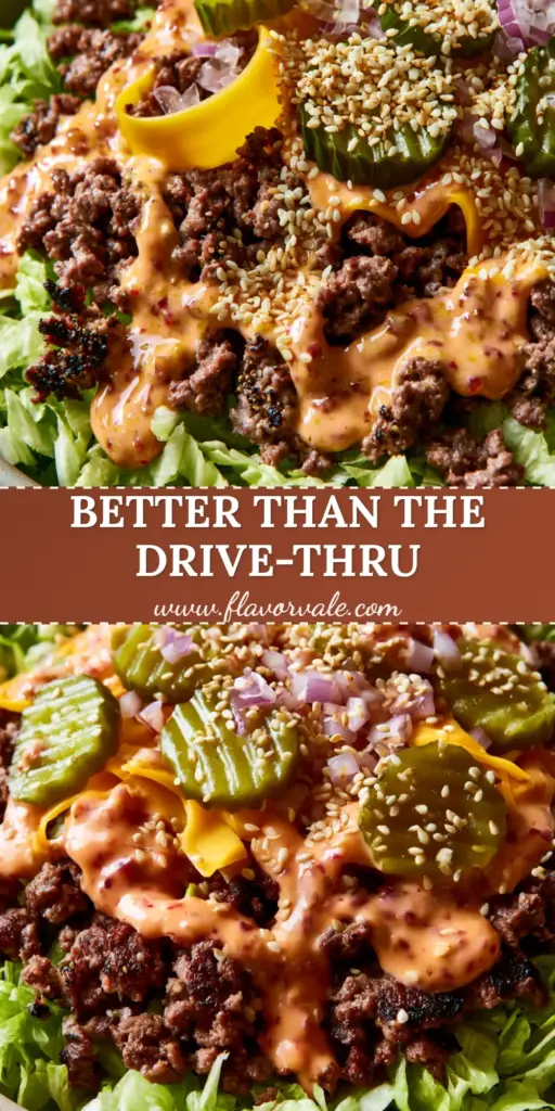 A vibrant burger bowl featuring seared ground beef, melted cheddar, and secret sauce on a bed of shredded lettuce. (burger bowls)