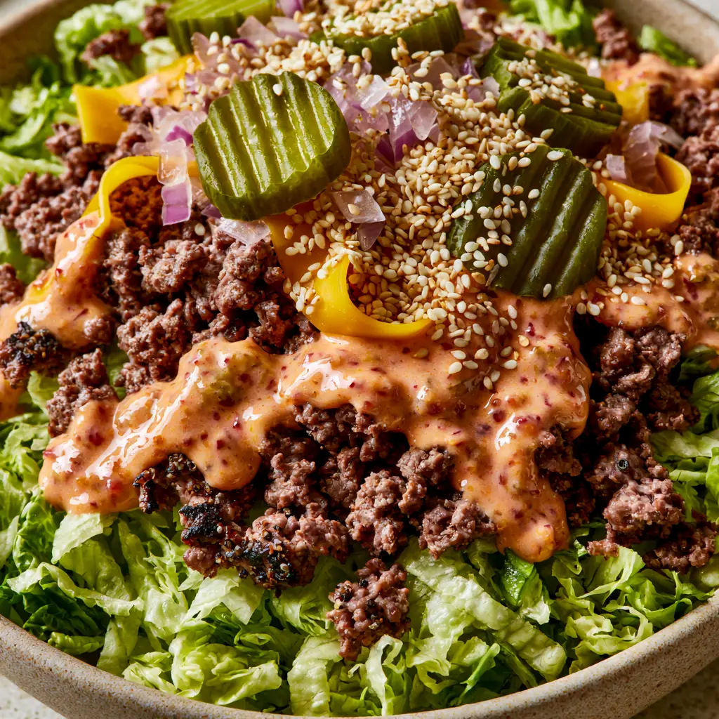 Extreme macro close-up of burger bowls showing charred beef edges, melted cheese, and creamy orange sauce. (burger bowls)