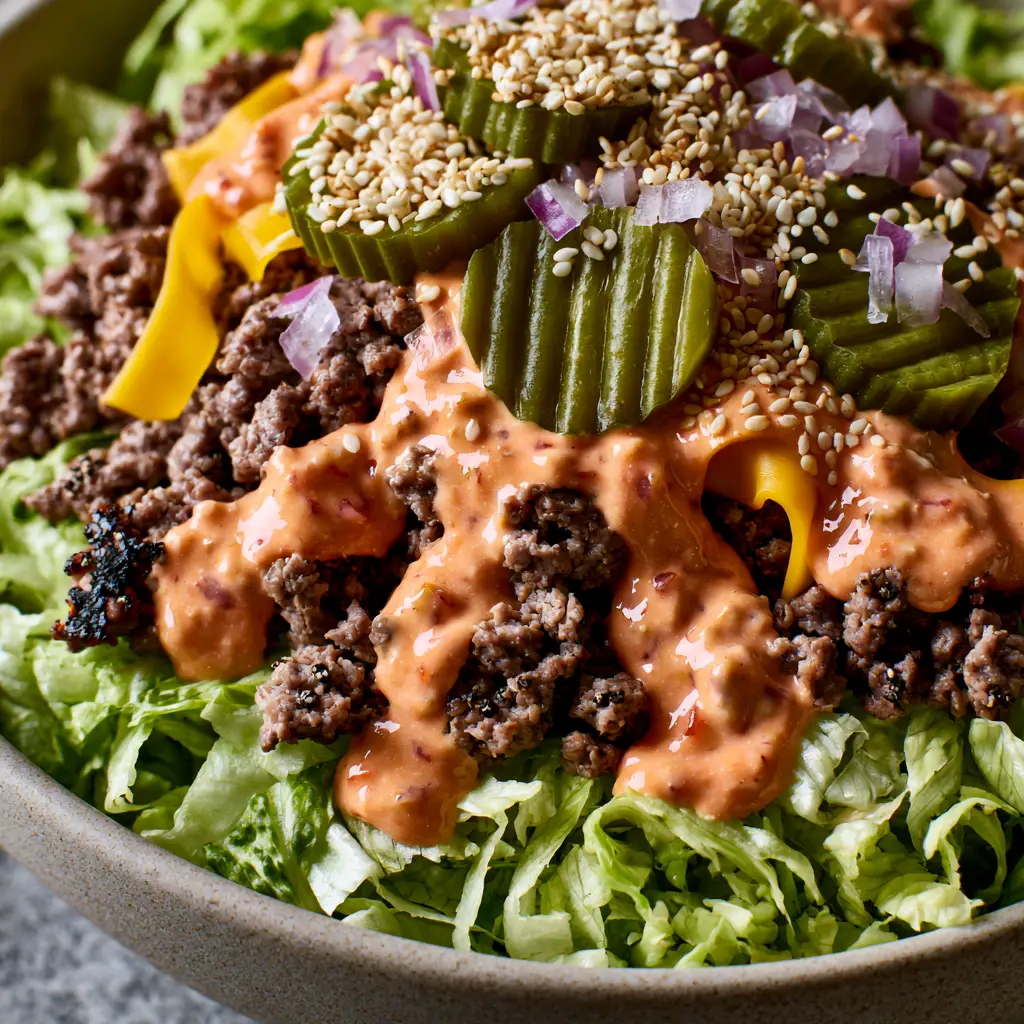 A top-down view of burger bowls with ridged pickles, diced onions, and a thick sauce drizzle. (burger bowls)