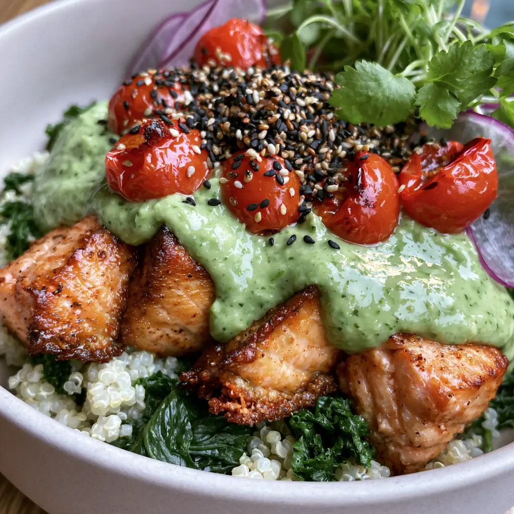 Macro shot of seared salmon cubes with crispy edges and toasted sesame seeds for healthy dinner ideas.